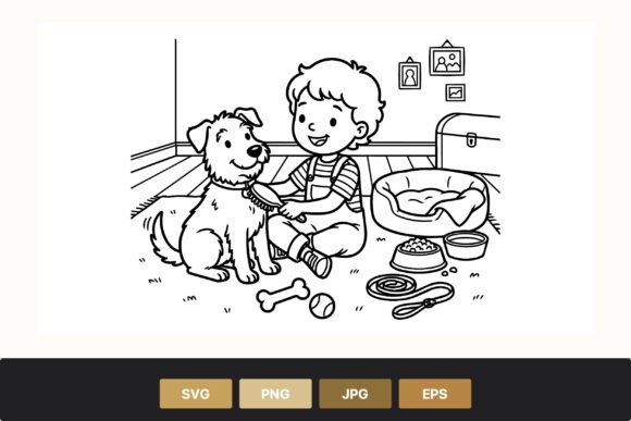 Boy Brushing Dog Line Art