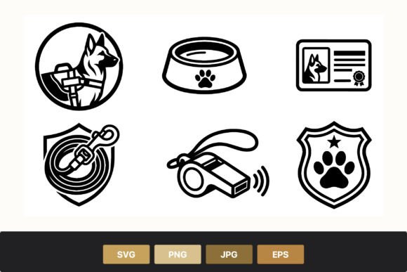 Dog Service Badge and Whistle Icon Set