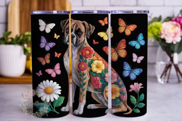 Floral Boxer Dog Tumbler Wrap PNG