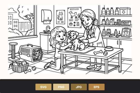 Girl with Dog at Vet Clinic Line Art