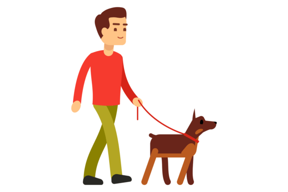Man Walking Dog on Leash. Purebred Anima