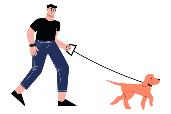 Man Walking with Dog on Leash. Outdoor C