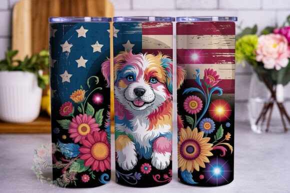 Patriotic Floral Dog 20oz Tumbler Wrap