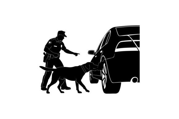 Police Officer with K9 Dog Inspecting Ca